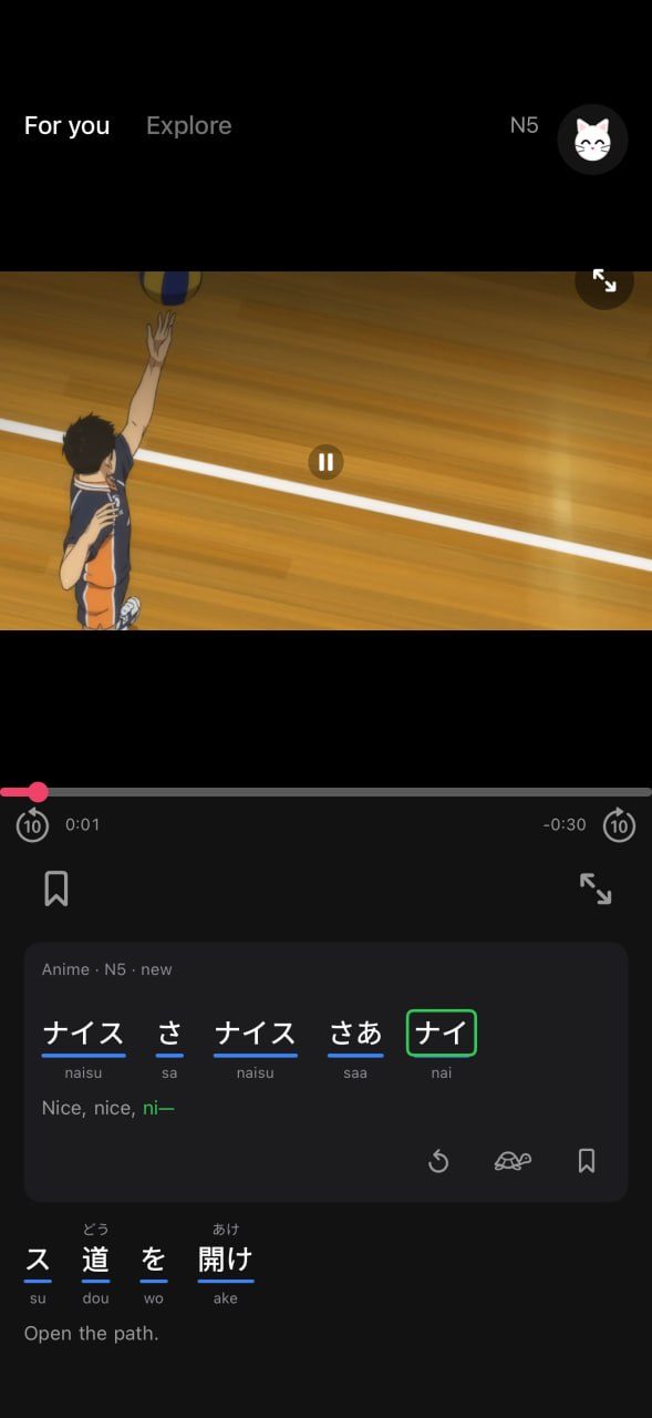 A volleyball anime clip in Mimi labelled Anime, N5, new, with its sentence broken into words under the video